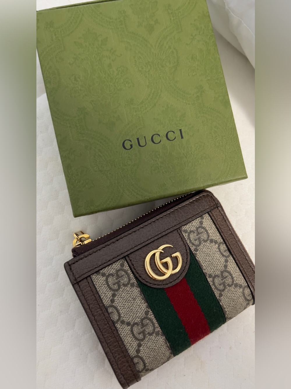Gucci Ophidia Brown GG Supreme Zip Card Holder with Green & Red Web Stripe